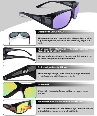 Unisex Fit Over Wrap Sunglasses Polarized Lens Wear Over Eyeglasses UV400 Protection Shades for Men and Women Outdoor Activities Driving, Fishing - Shiny Black/Silver Mirror (Pack in Case) in Saudi Arabia