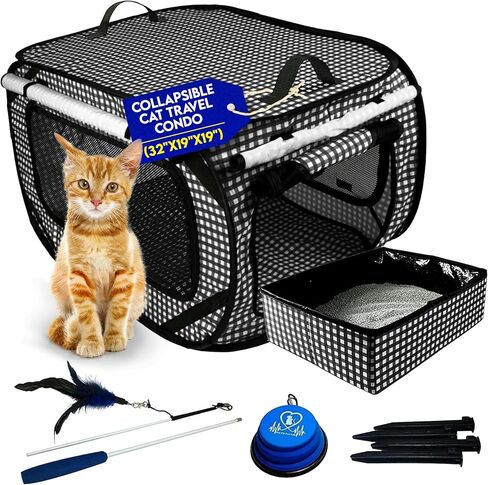 Pet Fit For Life Extra Large Collapsible Portable Cat Car Carrier Cage and Condo for Travel or Home with Litter Box and Bonus Cat Feather Toy and Water/Food Bowl - 32" x 19" x 19" in Saudi Arabia