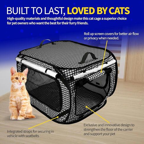 Pet Fit For Life Extra Large Collapsible Portable Cat Car Carrier Cage and Condo for Travel or Home with Litter Box and Bonus Cat Feather Toy and Water/Food Bowl - 32" x 19" x 19" in Saudi Arabia