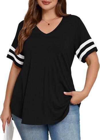 BELAROI Womens Plus Size T Shirts Striped Short Sleeve V Neck Tops Summer Casual Tshirts Loose Fit Blouses in Kuwait