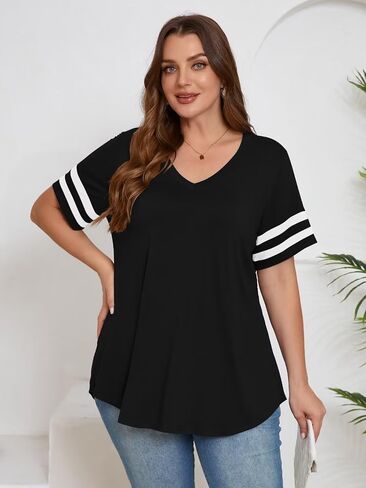 BELAROI Womens Plus Size T Shirts Striped Short Sleeve V Neck Tops Summer Casual Tshirts Loose Fit Blouses in Kuwait