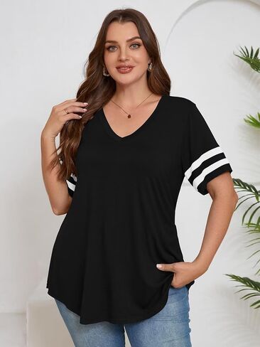 BELAROI Womens Plus Size T Shirts Striped Short Sleeve V Neck Tops Summer Casual Tshirts Loose Fit Blouses in Kuwait