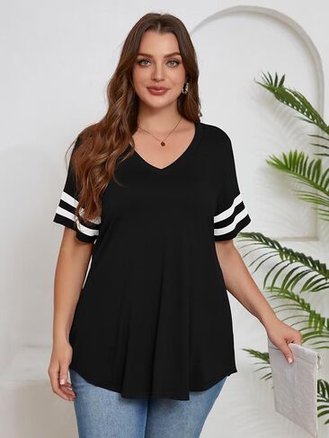 BELAROI Womens Plus Size T Shirts Striped Short Sleeve V Neck Tops Summer Casual Tshirts Loose Fit Blouses in Kuwait