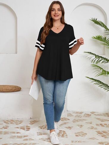 BELAROI Womens Plus Size T Shirts Striped Short Sleeve V Neck Tops Summer Casual Tshirts Loose Fit Blouses in Kuwait