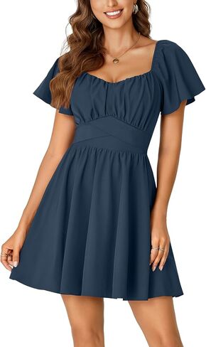 Rooscier Women's Tie Back Square Neck Wrap Ruffle Short Sleeve Flare Mini Dress in Kuwait
