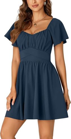 Rooscier Women's Tie Back Square Neck Wrap Ruffle Short Sleeve Flare Mini Dress in Kuwait