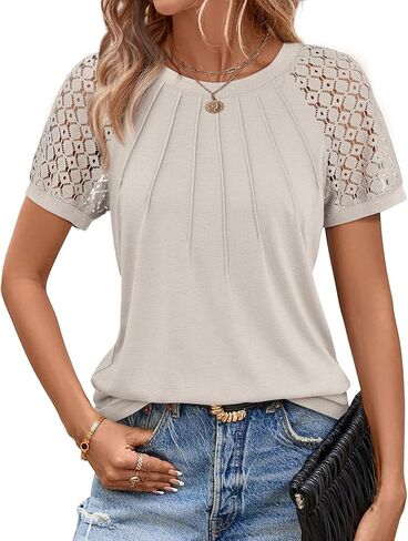 ATHMILE Womens Tshirts Trendy Fashion Tops Lace Short Sleeve Business Tee Shirts Casual Knitted Blouses Summer Outfits 2025 in Kuwait