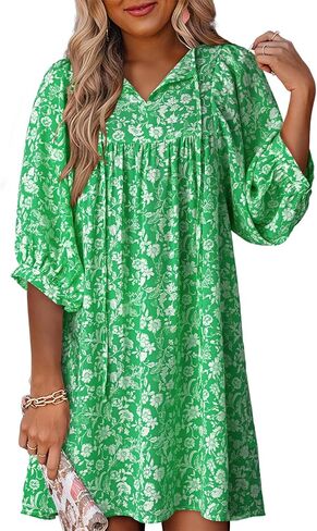 Dokotoo Womens Summer Dresses 2024 Boho Floral Drawstring V Neck Chiffon Lantern Sleeve Casual Beach Mini Dress Sundress in Saudi Arabia