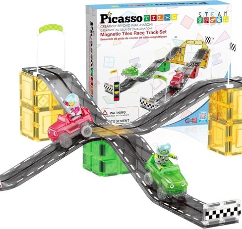 PicassoTiles 50 قطعة سباق السيارات المسار بناء كتلة لعبة تعليمية مجموعة البلاط المغناطيسي المغناطيس DIY Playset 2 تضيء STEM مجموعة بناء التعلم التنسيق بين اليد والعين التدريب على المهارات الحركية الدقيقة in Kuwait