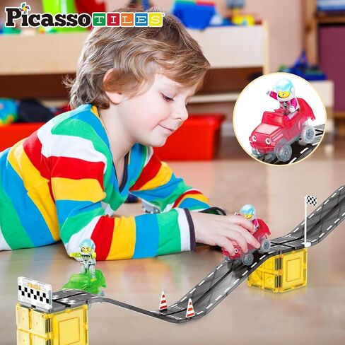 PicassoTiles 50 قطعة سباق السيارات المسار بناء كتلة لعبة تعليمية مجموعة البلاط المغناطيسي المغناطيس DIY Playset 2 تضيء STEM مجموعة بناء التعلم التنسيق بين اليد والعين التدريب على المهارات الحركية الدقيقة in Kuwait