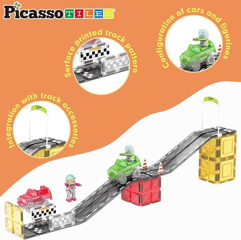 PicassoTiles 50 قطعة سباق السيارات المسار بناء كتلة لعبة تعليمية مجموعة البلاط المغناطيسي المغناطيس DIY Playset 2 تضيء STEM مجموعة بناء التعلم التنسيق بين اليد والعين التدريب على المهارات الحركية الدقيقة in Kuwait
