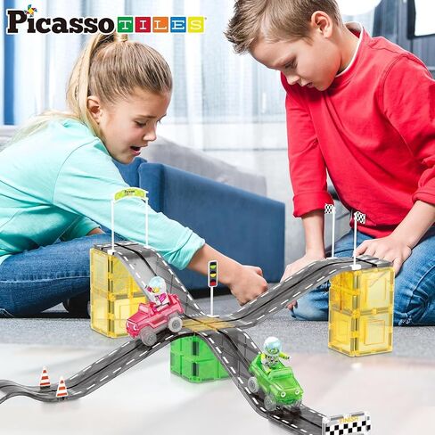 PicassoTiles 50 قطعة سباق السيارات المسار بناء كتلة لعبة تعليمية مجموعة البلاط المغناطيسي المغناطيس DIY Playset 2 تضيء STEM مجموعة بناء التعلم التنسيق بين اليد والعين التدريب على المهارات الحركية الدقيقة in Kuwait