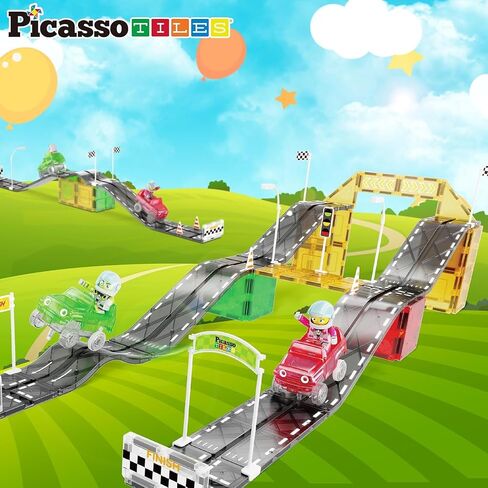 PicassoTiles 50 قطعة سباق السيارات المسار بناء كتلة لعبة تعليمية مجموعة البلاط المغناطيسي المغناطيس DIY Playset 2 تضيء STEM مجموعة بناء التعلم التنسيق بين اليد والعين التدريب على المهارات الحركية الدقيقة in Kuwait