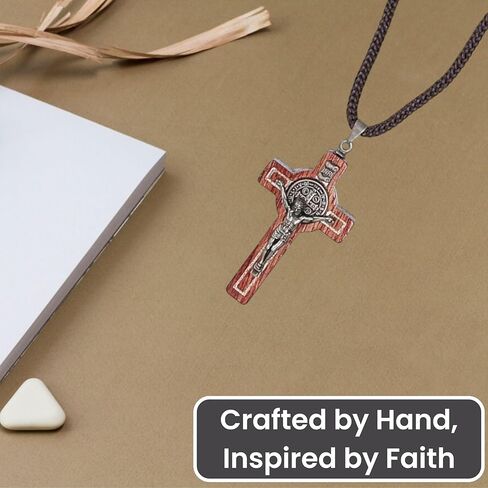 Catholica Shop Saint Benedict Medal Wood Crucifix Pendant Cord Necklace. Religious Necklace for Men and Women. Made in Brazil in Kuwait
