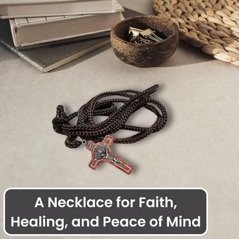 Catholica Shop Saint Benedict Medal Wood Crucifix Pendant Cord Necklace. Religious Necklace for Men and Women. Made in Brazil in Kuwait