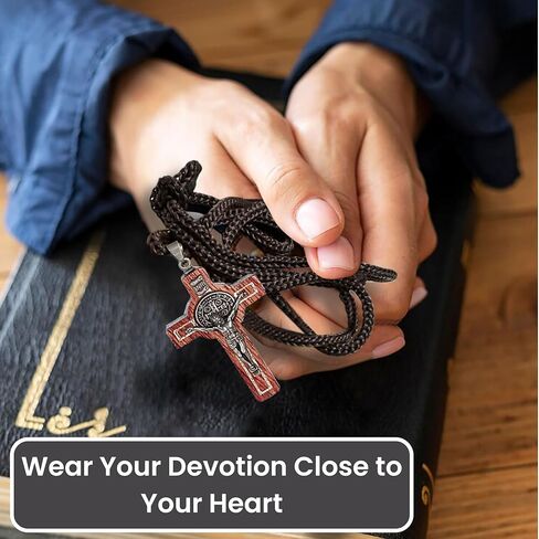 Catholica Shop Saint Benedict Medal Wood Crucifix Pendant Cord Necklace. Religious Necklace for Men and Women. Made in Brazil in Kuwait