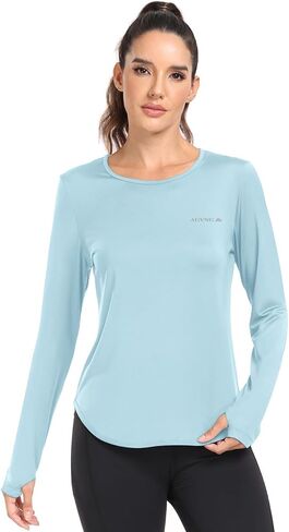 قميص نسائي AGVNG بعامل حماية من أشعة الشمس 50+ بأكمام طويلة وفتحات للإبهام، قميص علوي للتمرين بالأشعة فوق البنفسجية والمشي لمسافات طويلة وصيد الأسماك وأداء خفيف الوزن في الهواء الطلق in Kuwait