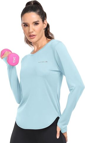 قميص نسائي AGVNG بعامل حماية من أشعة الشمس 50+ بأكمام طويلة وفتحات للإبهام، قميص علوي للتمرين بالأشعة فوق البنفسجية والمشي لمسافات طويلة وصيد الأسماك وأداء خفيف الوزن في الهواء الطلق in Kuwait