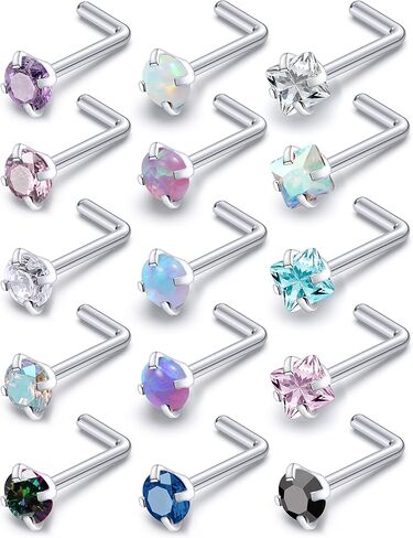 Prjndjw Opal Nose Rings Studs 20G Surgical Steel Nose Rings Studs Hypoallergenic diamond Silver Nose Piercing jewelry l shaped nose ring cubic zirconia corkscrew straight opal nose stud 2mm in Kuwait