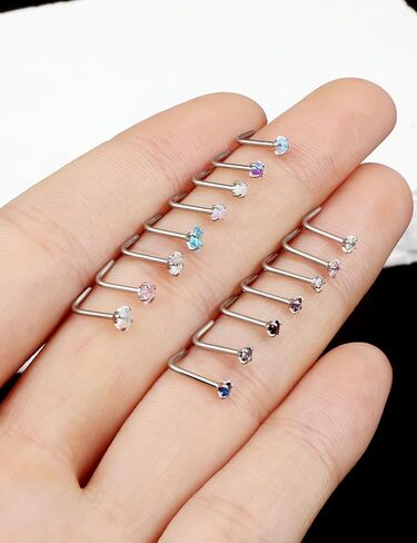 Prjndjw Opal Nose Rings Studs 20G Surgical Steel Nose Rings Studs Hypoallergenic diamond Silver Nose Piercing jewelry l shaped nose ring cubic zirconia corkscrew straight opal nose stud 2mm in Kuwait