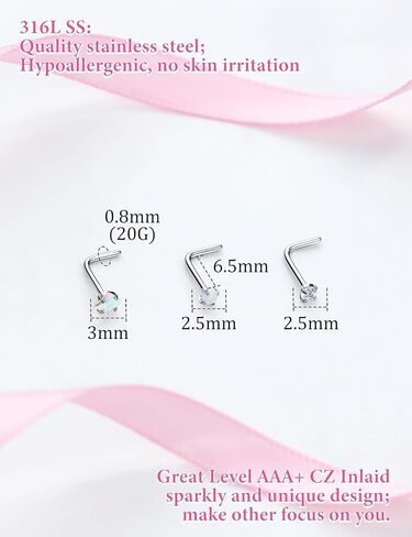 Prjndjw Opal Nose Rings Studs 20G Surgical Steel Nose Rings Studs Hypoallergenic diamond Silver Nose Piercing jewelry l shaped nose ring cubic zirconia corkscrew straight opal nose stud 2mm in Kuwait