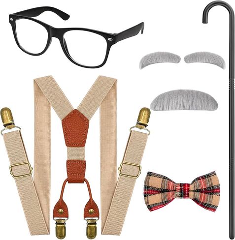 Old Man Costume Accessories, Grandpa Costume Set with Fake Beard Eyebrow Walking Cane Glasses Suspender for Kids Boys Red in Kuwait