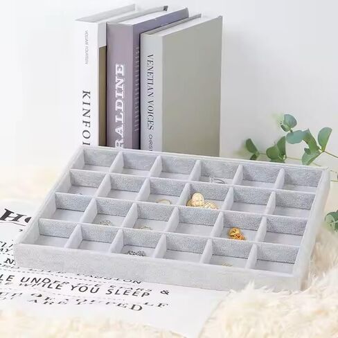 RJ Displays-Ice Grey Velvet Decorative 24 Slot Jewelry Display Box Dresser Top For Necklace, Earrings, Pendants, Organizer, 24 Slot in Saudi Arabia