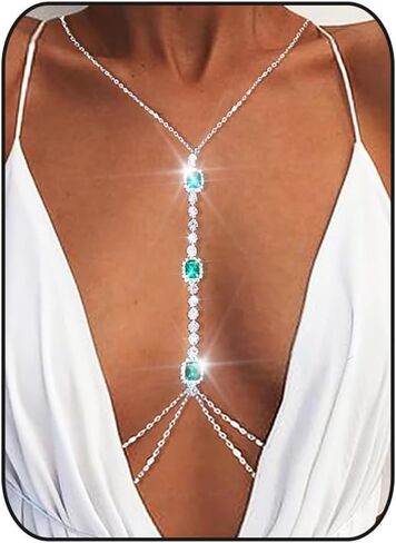 بليندري مثير سلاسل الجسم الفاخرة حجر الراين مجوهرات الجسم سلاسل البطن الزمرد للنساء والفتيات (القلب الزمرد-G) in Kuwait