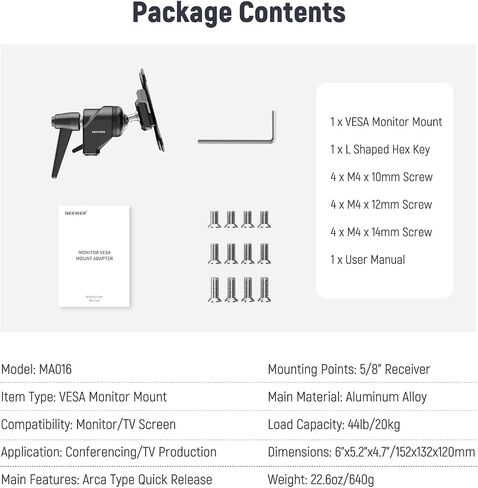NEEWER Monitor Mount Adapter with Quick Release VESA Mount, 270° Adjustable Metal 5/8" C Stand Light Stand Adapter for Impact Screen Outdoor TV up to 17-32", Max Load 17.5lb/8kg, MA010 in Saudi Arabia