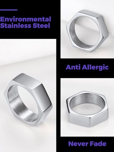 خواتم رجالي من Richsteel، خاتم هندسي سداسي للرجال بعرض 7 مم من الفولاذ المقاوم للصدأ للنساء، مقاس 7-14 in Kuwait