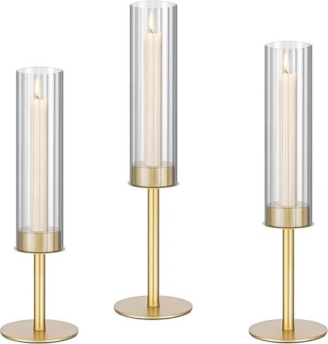 Gold Hurricane Candle Holders, Taper Glass Cover Candlestick, Tall Brass Candle Stick Decor for Table, Centerpiece, Wedding, Dinning, Party on Indoor and Outdoor, Set of 6 in Saudi Arabia