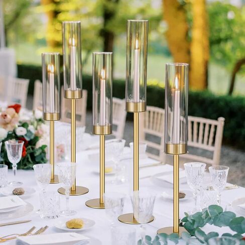 Gold Hurricane Candle Holders, Taper Glass Cover Candlestick, Tall Brass Candle Stick Decor for Table, Centerpiece, Wedding, Dinning, Party on Indoor and Outdoor, Set of 6 in Saudi Arabia