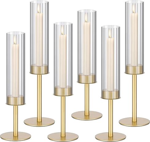 Gold Hurricane Candle Holders, Taper Glass Cover Candlestick, Tall Brass Candle Stick Decor for Table, Centerpiece, Wedding, Dinning, Party on Indoor and Outdoor, Set of 6 in Saudi Arabia