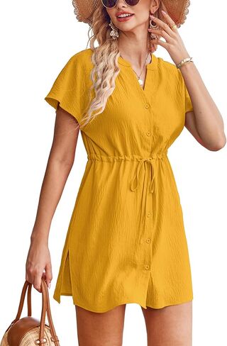 Bluetime النساء ملابس السباحة يرفع الغطاء زر أسفل ثوب السباحة Covers بيكيني بحر Flowy الخامس الرقبة الصيف اللباس in Kuwait