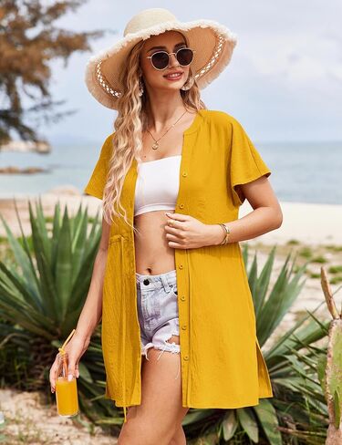 Bluetime النساء ملابس السباحة يرفع الغطاء زر أسفل ثوب السباحة Covers بيكيني بحر Flowy الخامس الرقبة الصيف اللباس in Kuwait