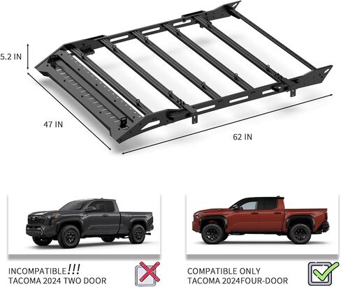 Heavy Duty Roof Rack Compatible with 4th Gen 2024 Toyota Tacoma Double/Crew Cab, No Drill Install Cargo Carrier with Aluminum T-Slot Cross Rails, Eye Bolts, Side Mount Brackets & Handles in Kuwait