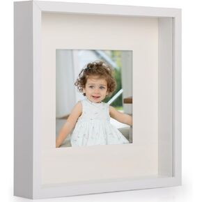Anhow 2pcs Shadow Box Frame 9x9, 3D Picture Frame Display with Cream-Colored Mat for 5x5 Photos, 1.2 Inch Depth with Transparent Glass - White
