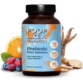 علكات الألياف من Poop Like a Champion - 5 جرام من الألياف لكل حصة، غير معدلة وراثيًا، نباتية، تدعم الجهاز الهضمي، 60 قطعة لكل زجاجة