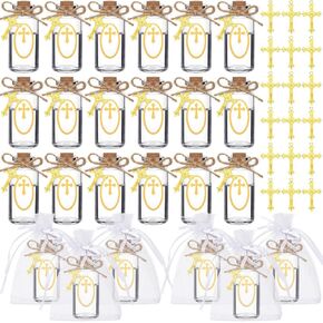 Ziliny 48 Set Cork Stopper Glass Bottles Transparent Glass Bottles with Stoppers Cross Charms Pendants Stickers Sheer Organza Bags 49.21 ft Long Twine String for Wedding Party Favors Gift Wrapping