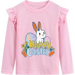 Tkria Toddler Girls Happy Easter Outfits Ruffled Long Sleeve Shirt Eggs Bunny Kids T-Shirt Top 2-7T in Kuwait