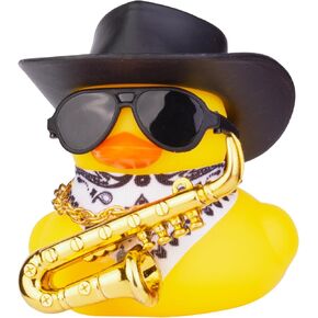 Car Rubber Duck Ornaments Yellow Duck Car Dashboard Decorations with Mini Cowboy Hat Musical Instrument Sunglasses Necklace(D2)