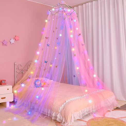 FIOBEE مظلة سرير للبنات غرفة نوم ستائر سرير مع أضواء LED ناموسية DIY ديكور غرفة الأميرة مع فراشات نجوم لغرفة نوم الأطفال، أبيض in Kuwait