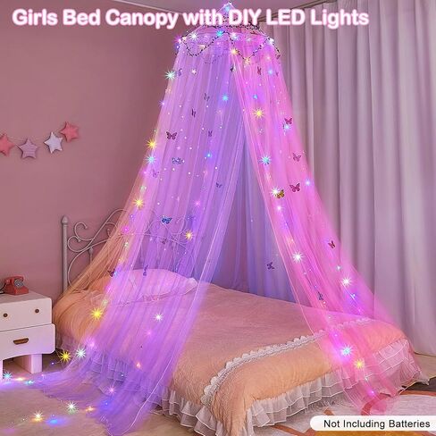 FIOBEE مظلة سرير للبنات غرفة نوم ستائر سرير مع أضواء LED ناموسية DIY ديكور غرفة الأميرة مع فراشات نجوم لغرفة نوم الأطفال، أبيض in Kuwait