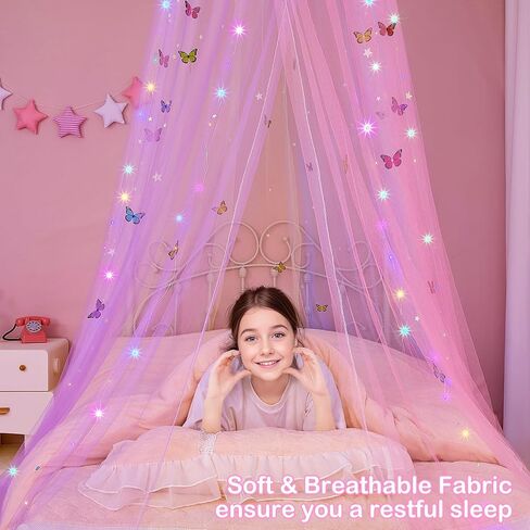 FIOBEE مظلة سرير للبنات غرفة نوم ستائر سرير مع أضواء LED ناموسية DIY ديكور غرفة الأميرة مع فراشات نجوم لغرفة نوم الأطفال، أبيض in Kuwait