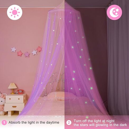 FIOBEE مظلة سرير للبنات غرفة نوم ستائر سرير مع أضواء LED ناموسية DIY ديكور غرفة الأميرة مع فراشات نجوم لغرفة نوم الأطفال، أبيض in Kuwait
