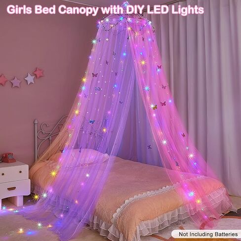 FIOBEE مظلة سرير للبنات غرفة نوم ستائر سرير مع أضواء LED ناموسية DIY ديكور غرفة الأميرة مع فراشات نجوم لغرفة نوم الأطفال، أبيض in Kuwait