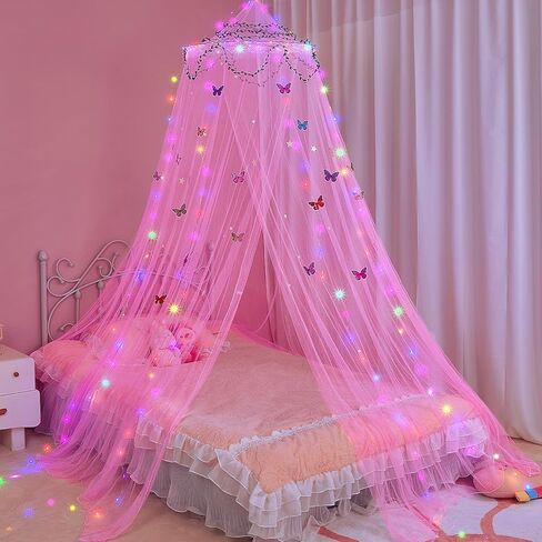 FIOBEE Bed Canopy for Girls Room Bed Canopy Curtains with Led Lights Mosquito Net DIY Princess Room Décor with Stars Butterflies for Kids Bedroom, Blue in Kuwait
