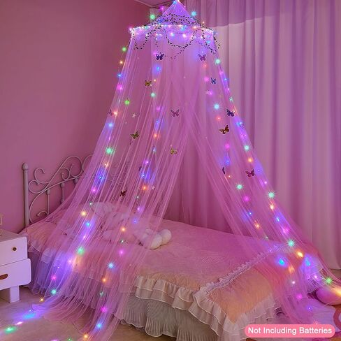 FIOBEE Bed Canopy for Girls Room Bed Canopy Curtains with Led Lights Mosquito Net DIY Princess Room Décor with Stars Butterflies for Kids Bedroom, Blue in Kuwait
