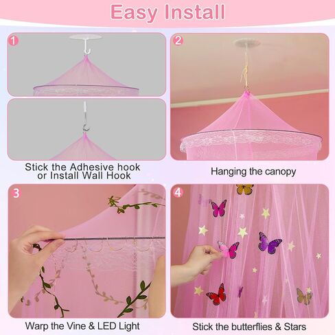 FIOBEE Bed Canopy for Girls Room Bed Canopy Curtains with Led Lights Mosquito Net DIY Princess Room Décor with Stars Butterflies for Kids Bedroom, Blue in Kuwait