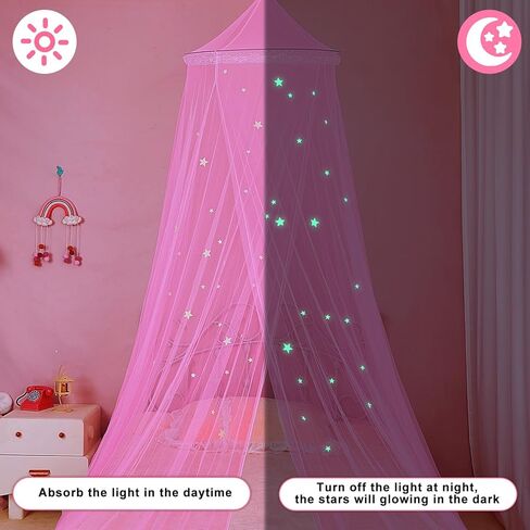 FIOBEE Bed Canopy for Girls Room Bed Canopy Curtains with Led Lights Mosquito Net DIY Princess Room Décor with Stars Butterflies for Kids Bedroom, Blue in Kuwait